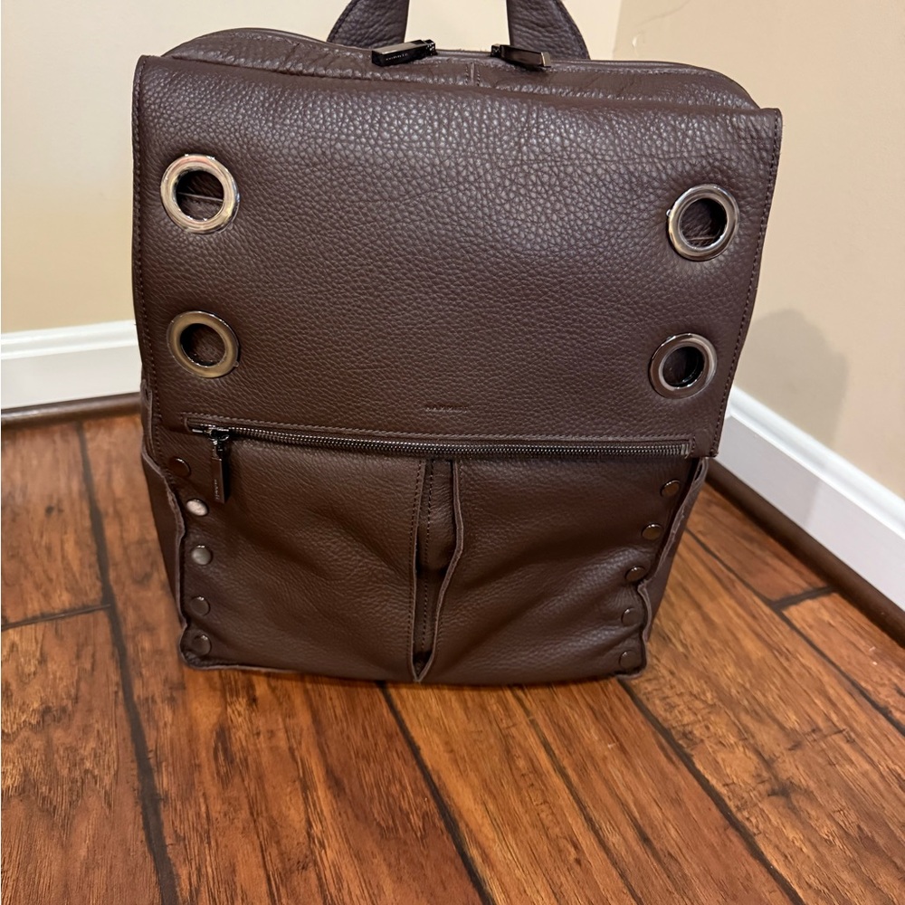 Hammitt Brown Leather Backpack with Pebbled Texture and Metal Grommets